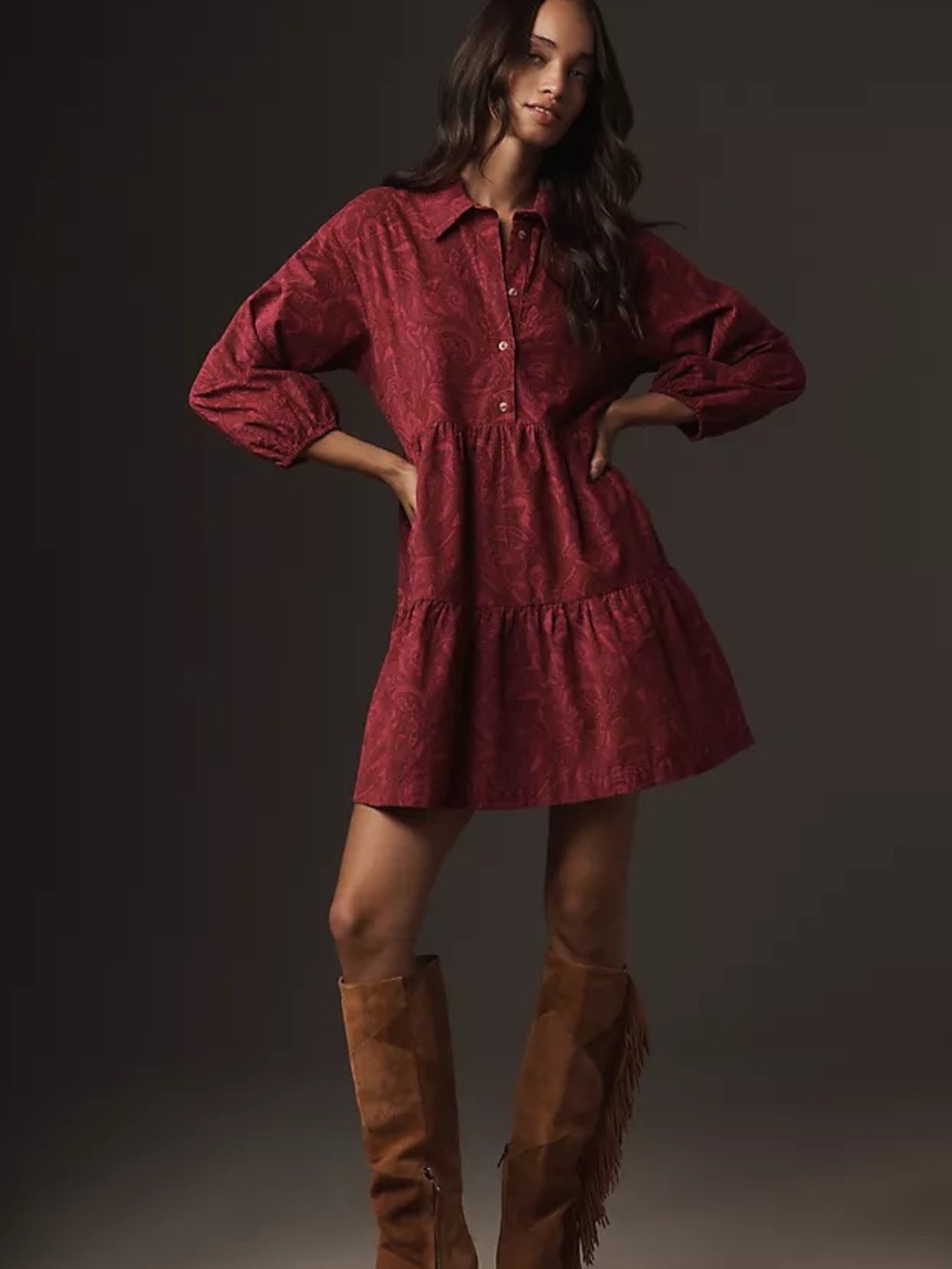 Maeve Bettina Women's Burgundy Tiered Shirt Corduroy Dress - size 1X